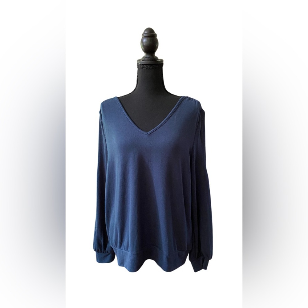 89th + Madison: Deep Blue V-Neck Blouse with Sparkling Cold Shoulders